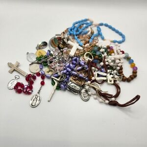 Religious Jewelry Lot Rosary Beads Crucifix Pendants Catholic Christian Medals